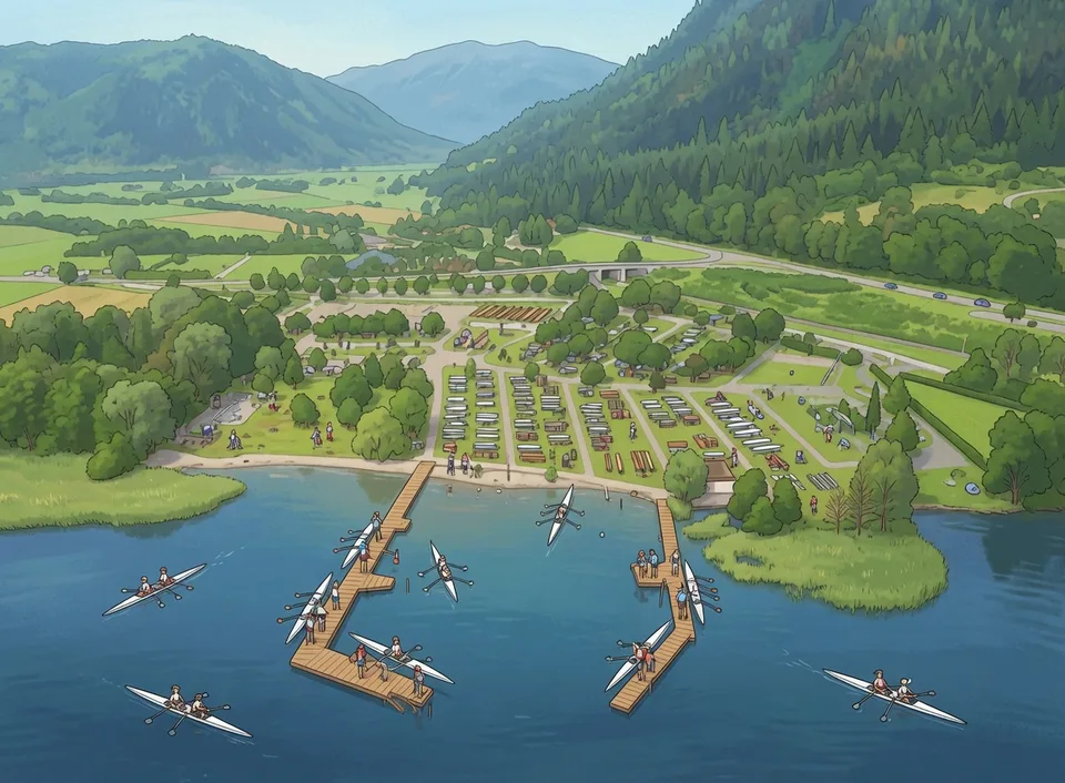 Illustrierte Standortstudie des Camping Beach mit möglicher Regattaatmosphäre
